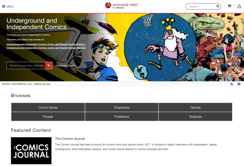 screenshot of the Underground and Independent Comics, Comix and Graphic Novels database homepage