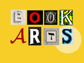 scrapbook letters that spell out "book arts" in various styles
