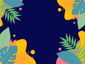 dark blue background with multicolored leaves and shapes in the four corners