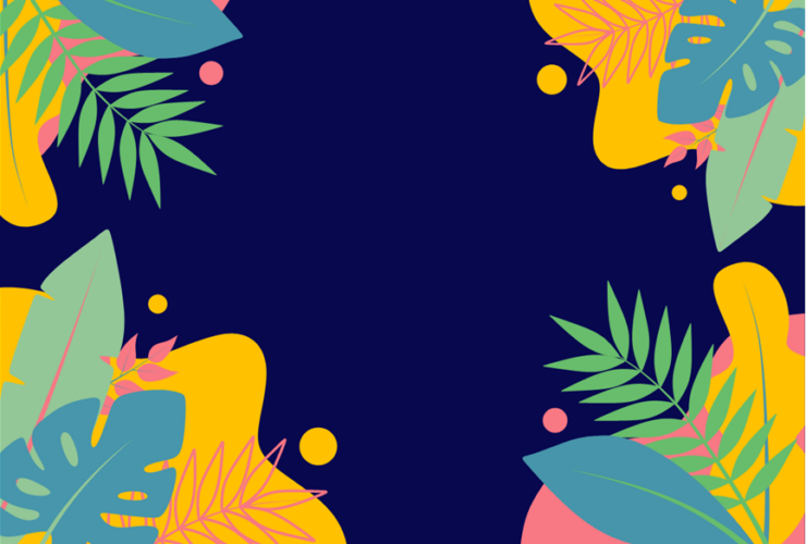 dark blue background with multicolored leaves and shapes in the four corners