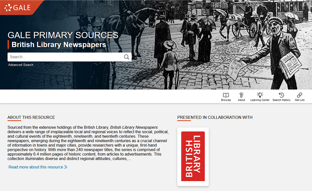 Screenshot of the British Library Newspapers (Parts I & II - 1800-1900)