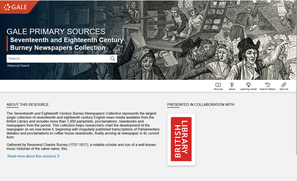 screenshot of the Seventeenth and Eighteenth Century Burney Newspapers Collection