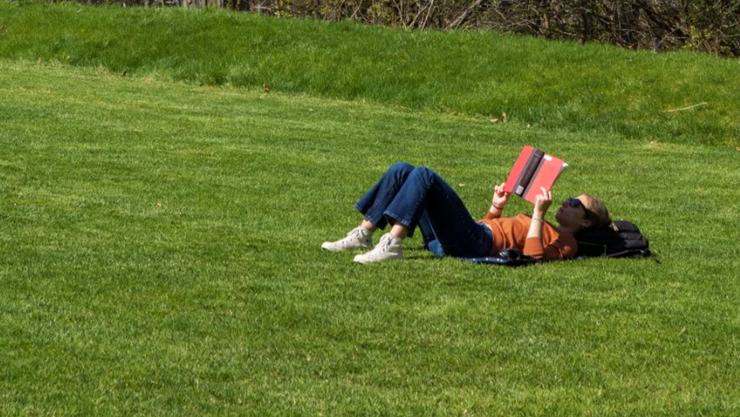 Student laying in a sunny, grassy area reading a book