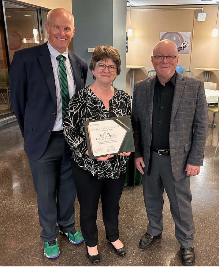 photo of Binghamton President Harvey Stenger, Interim Dean of Libraries Jill Dixon and Provost and Executive Vice President for Academic Affairs Donald Hall