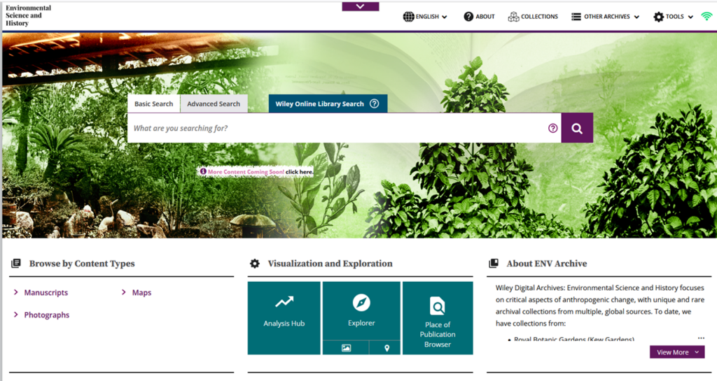 Screenshot of the Environmental Science and History Digital Archive homepage