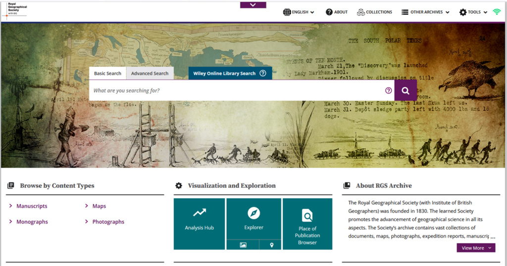 Screenshot of the Royal Geographic Society with Institute of British Geographers Digital Archive homepage