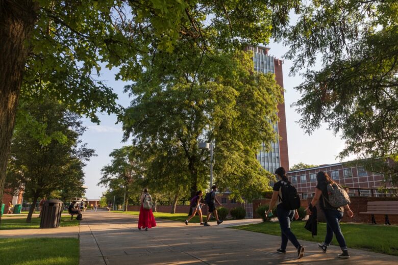 Students walk to class around 8:30am near the Lecture Hall and the Glenn G. Bartle Library on the first day of the Fall semster, August 24, 2021.