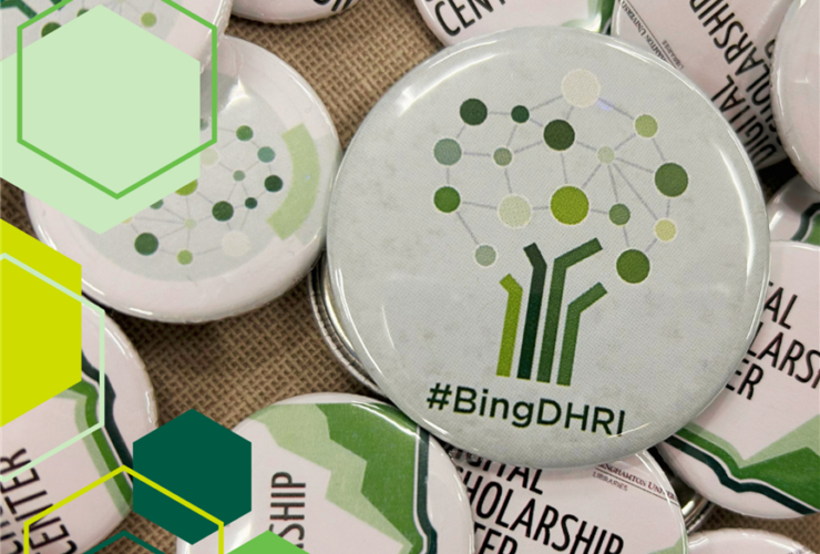 photo of an assortments of buttons featuring the logos of the 2023 DHRI and the Digital Scholarship Center