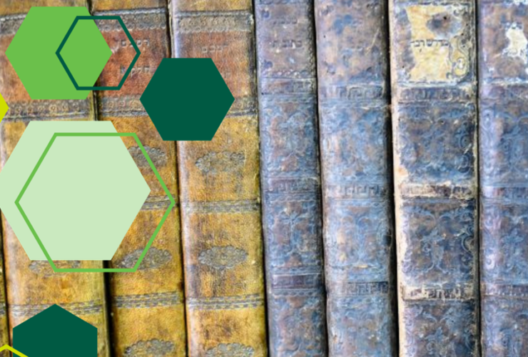account journals with old spines in a row. Overlay of assorted green hexagons.