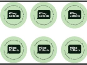 Two rows of three green buttons each, with middle text "#BingCollects" and circular text around the periphery that says "Binghamton University Art Museum and Special Collections Pop-Up Exhibit Project"