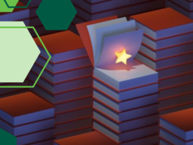illustration of stacks of books. A book is open at the top of one stack to reveal a star.