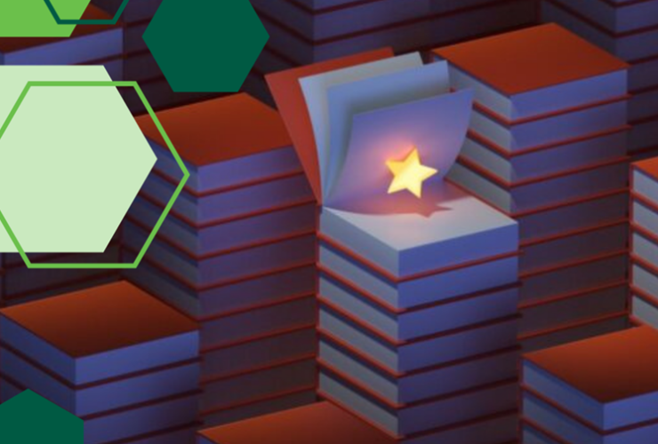illustration of stacks of books. A book is open at the top of one stack to reveal a star.