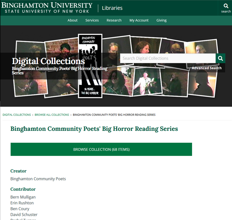 Screenshot of the Binghamton Community Poets' Big Horror Reading Series Digital Collection webpage