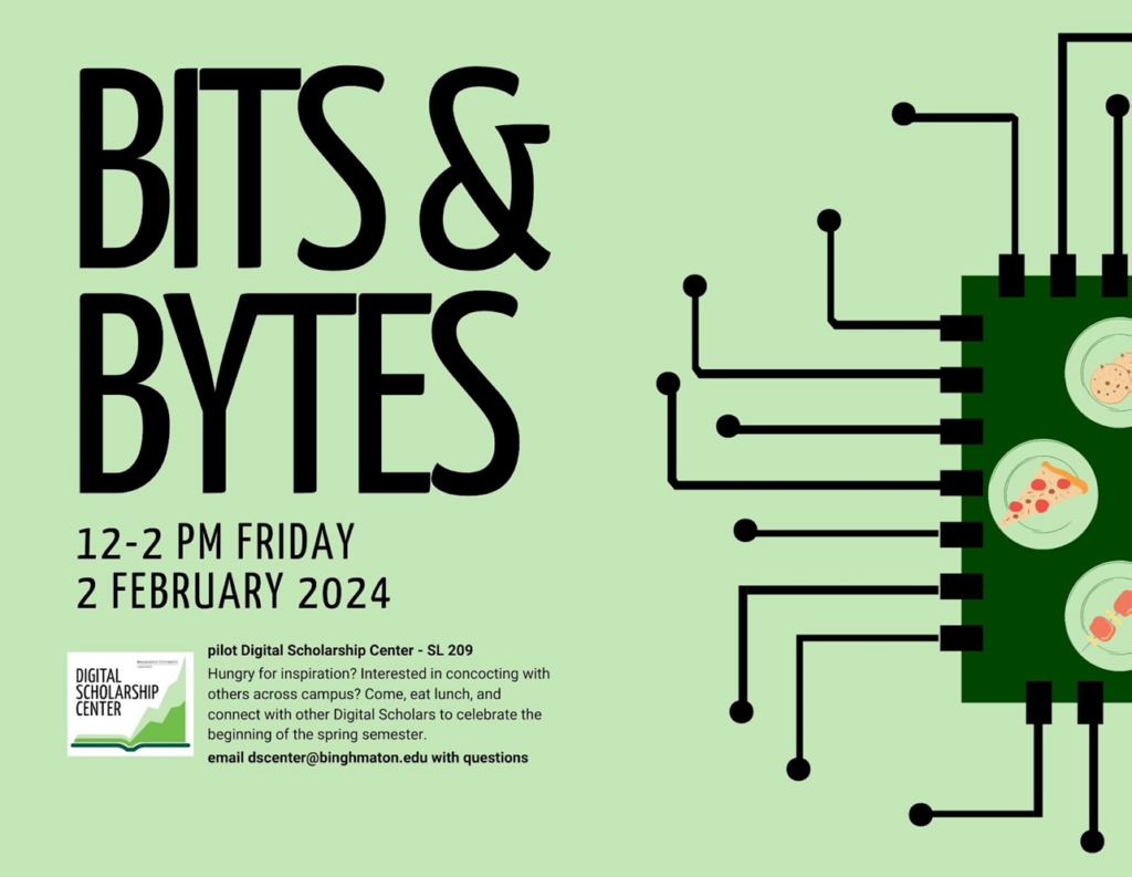 illustration of a microchip with food items at the center. Text that reads: Bits & Bytes 12 - 2 pm Friday 2 February 2024. 