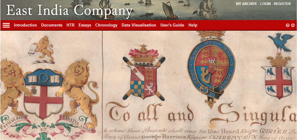 Screenshot of British East India Company database browsing banner, part of AM Digital Collections