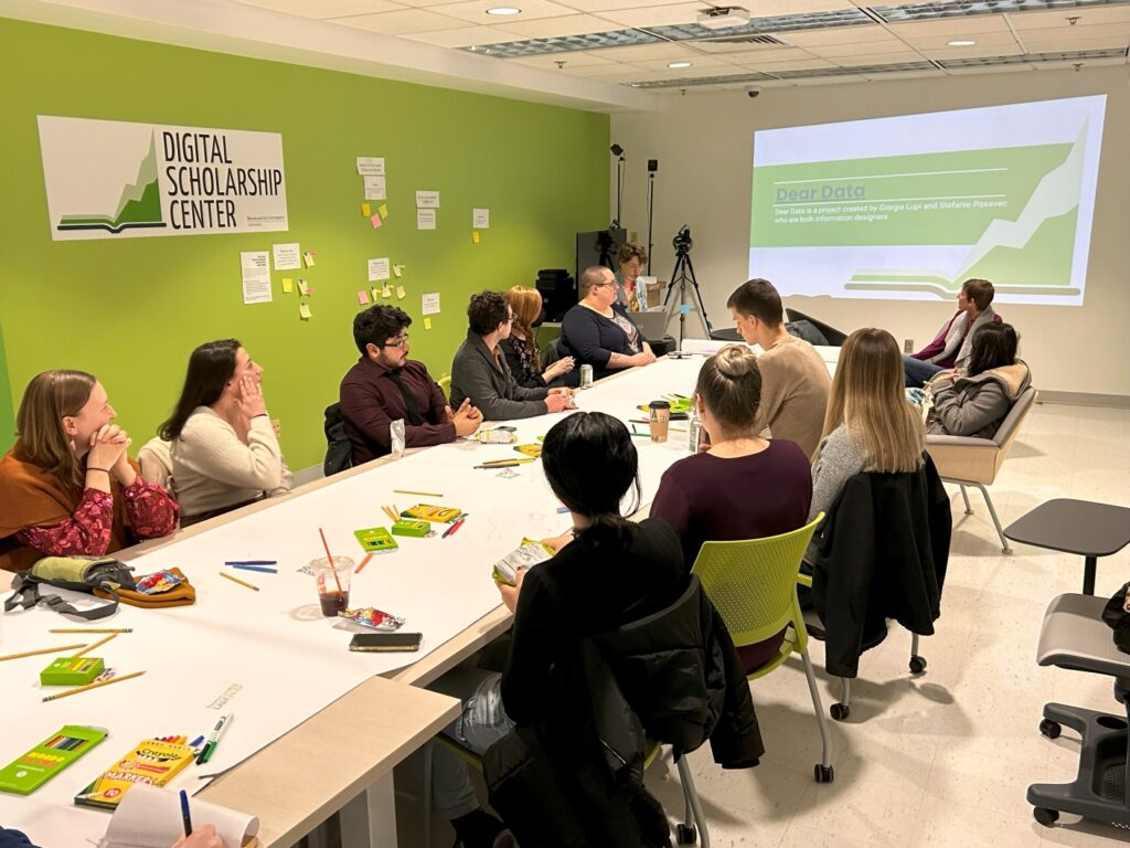 A photo of a group sitting around a table with art supplies in the Libraries' pilot Digital Scholarship Center for a Dear Data Kickoff event. 