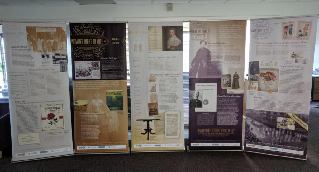 Photo of the display panels for the SCRLC traveling exhibit "Recognizing Women's Right to Vote in New York State"