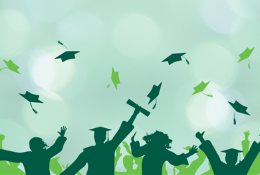 Graphic illustration of silhouettes of students in caps and gowns celebrating.