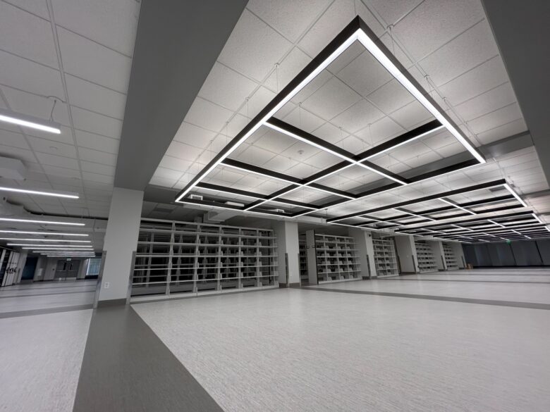 photo of the newly renovated third floor of Bartle Library featuring empty book shelves