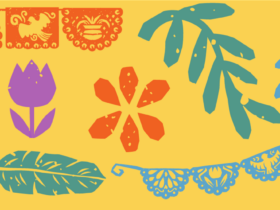 collage of hispanic illustrations featuring leaves, flag banners and flowers.