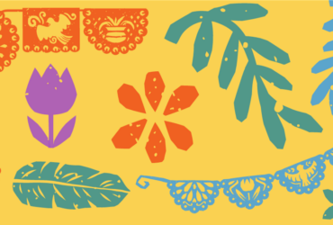 collage of hispanic illustrations featuring leaves, flag banners and flowers.