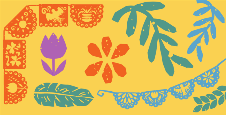 collage of hispanic illustrations featuring leaves, flag banners and flowers.