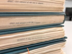 Photo of a stack of bound dissertations.