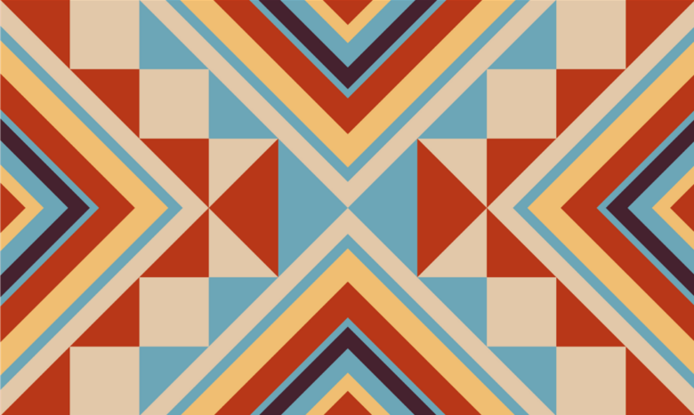 Decorative Native American inspired pattern featuring orange, blue and tan triangles of various sizes.