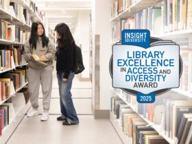 photo of students amongst the books on the Bartle Library third floor. Logo of the Library Excellence in Access and Diversity Award 2025 superimposed on the photo.