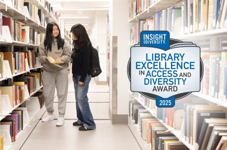 photo of students amongst the books on the Bartle Library third floor. Logo of the Library Excellence in Access and Diversity Award 2025 superimposed on the photo.