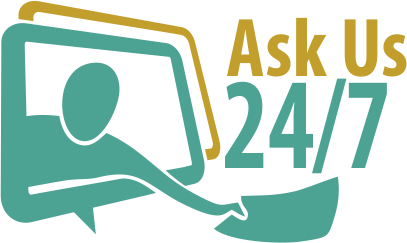 Image of the Ask Us 24/7 logo. Illustration depicts a human figure reaching through a chat message bubble presenting a piece of paper.