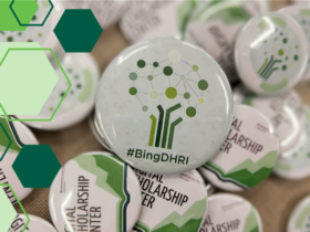 a pile of buttons promoting the Digital Humanities Research Institute featuring the DHRI tree logo and the phrase "#BingDHRI"