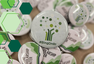 a pile of buttons promoting the Digital Humanities Research Institute featuring the DHRI tree logo and the phrase "#BingDHRI"