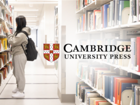 student looking at books on a bookshelf. Image of Cambridge University Press superimposed on top.