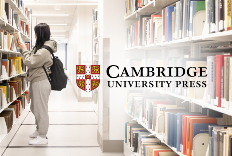 student looking at books on a bookshelf. Image of Cambridge University Press superimposed on top.