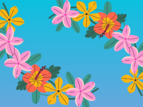 illustration of hawaiian-themed flowers featuring bright pink, yellow, orange and blue.