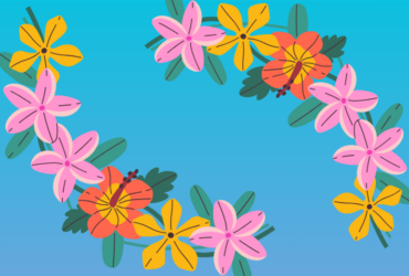 illustration of hawaiian-themed flowers featuring bright pink, yellow, orange and blue.