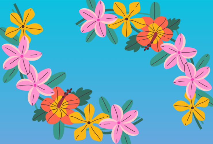 illustration of hawaiian-themed flowers featuring bright pink, yellow, orange and blue.