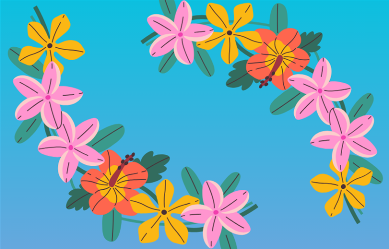 illustration of hawaiian-themed flowers featuring bright pink, yellow, orange and blue.