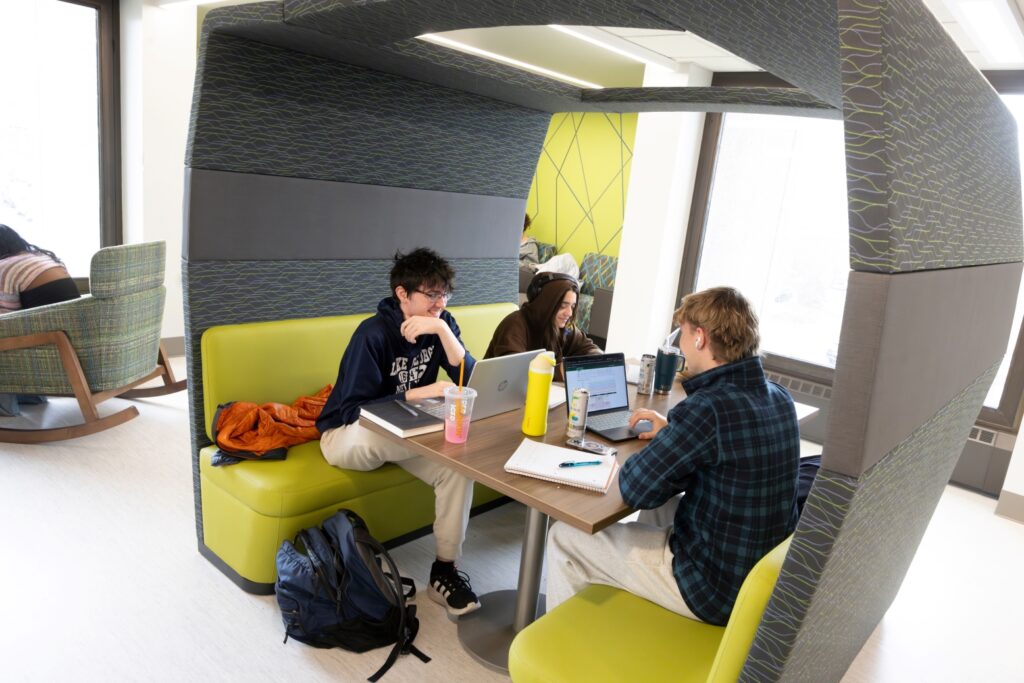 Photo of students sitting at a work booth on the third floor of Bartle Library.