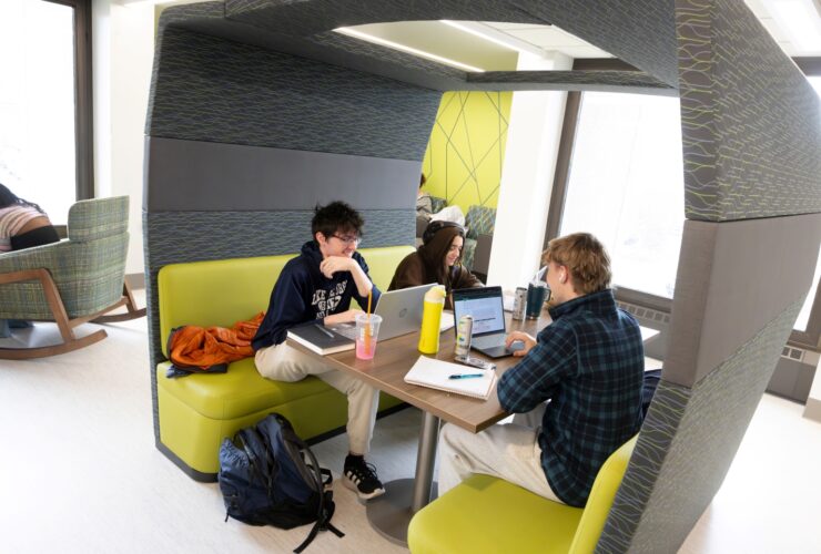 Photo of students sitting at a work booth on the third floor of Bartle Library.