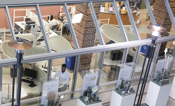 Photo of the windows of the UDC Libraries which are located within the larger University Downtown Center building.