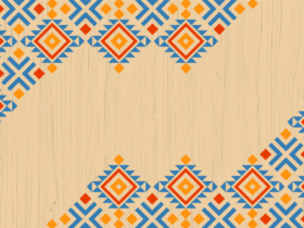 illustration with woodgrain detail and red, blue and yellow tiled mosaic design.