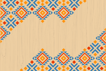 illustration with woodgrain detail and red, blue and yellow tiled mosaic design.