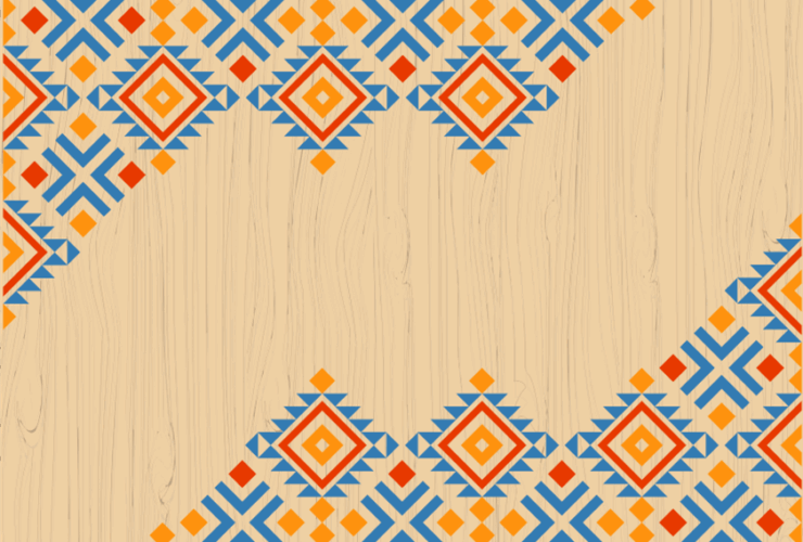 illustration with woodgrain detail and red, blue and yellow tiled mosaic design.