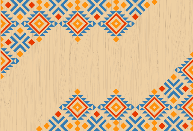 illustration with woodgrain detail and red, blue and yellow tiled mosaic design.
