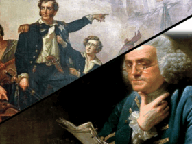 Two photos of historical paintings "The Victory on Lake Erie" and "Franklin in London"