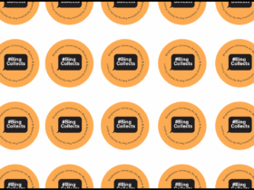 Several orange circles with the #BingCollects logo in a text message speech bubble.