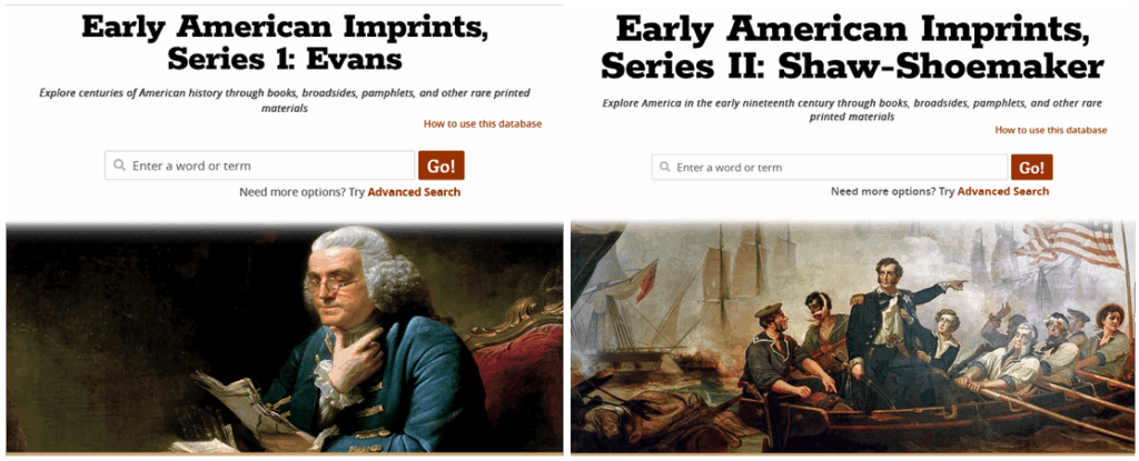 Screenshots of the "Early American Imprints, Series 1 and II: Evans and Shaw-Shoemaker"