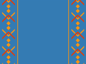 solid blue background with red and orange Native American inspired patterns down the side.